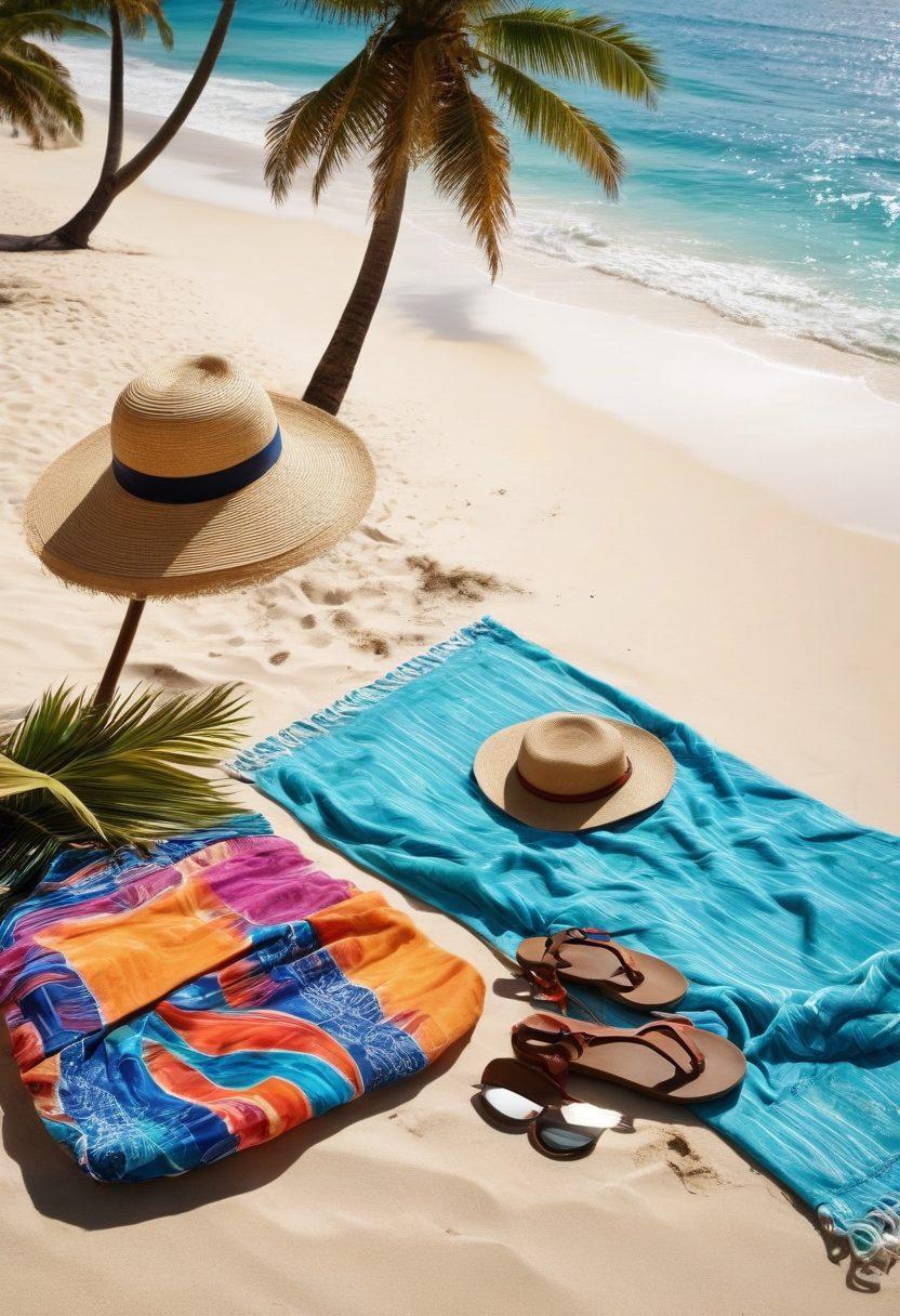 A stylish beach scene featuring a vibrant array of chic beachwear laid out on a sandy shore, with colorful beach towels, sun hats, and poolside essentials like sunglasses and flip-flops. In the background, a sparkling blue ocean and palm trees sway gently in the breeze, creating an inviting atmosphere of relaxation and fun. The sunlight casts a warm glow, enhancing the colors of the beachwear and accessories. super-realistic. vibrant colors. summer vibes.
